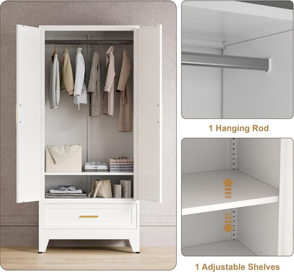 71'' Farmhouse Metal Wardrobe Cabinet with Hanging Rod, 2 Barn Door Wardrobe Closet with Adjustable