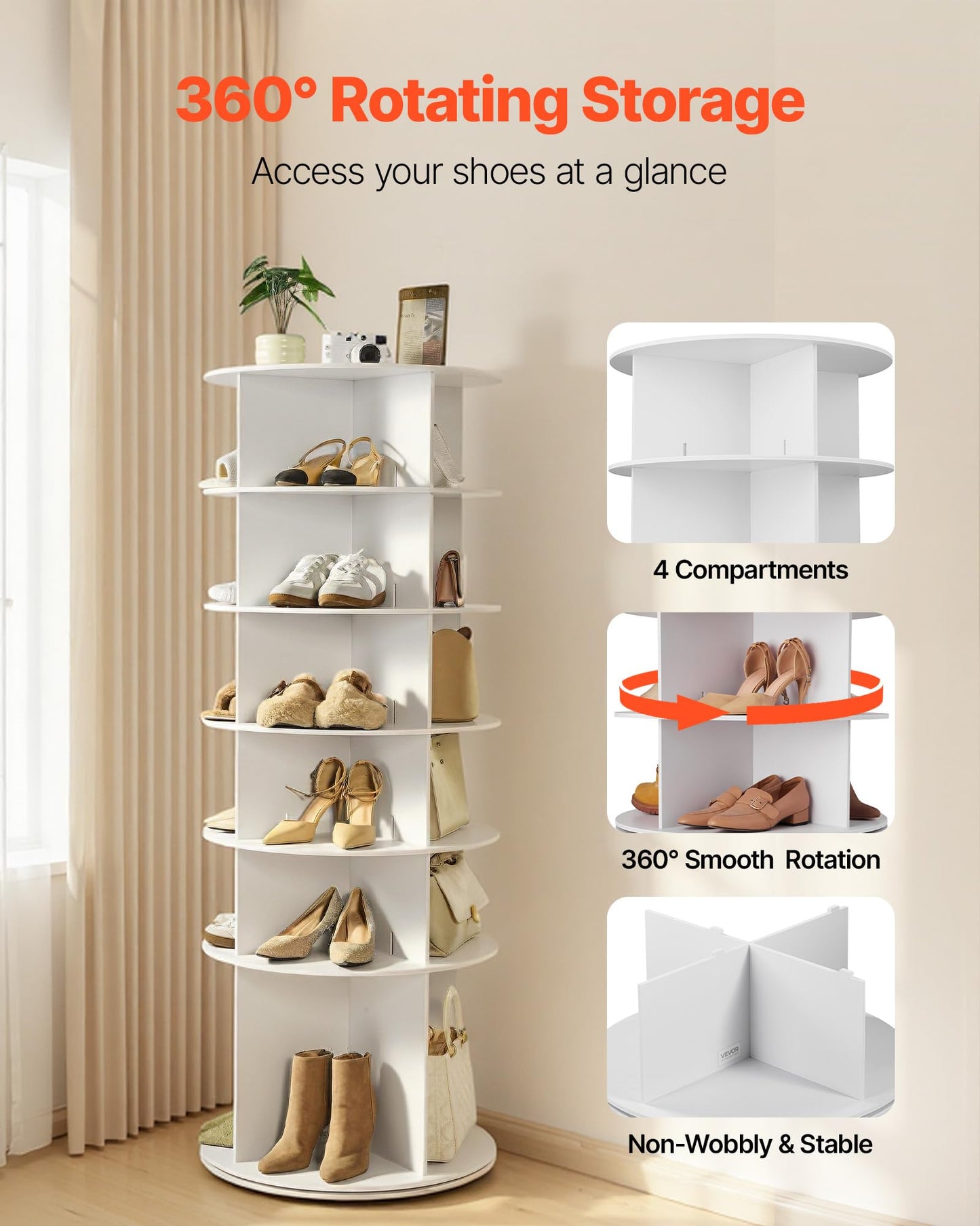 VEVOR 6 Tiers Rotating Shoe Rack Tower, 360° Spinning Shoe Rack, Revolving Storage Round Carousel