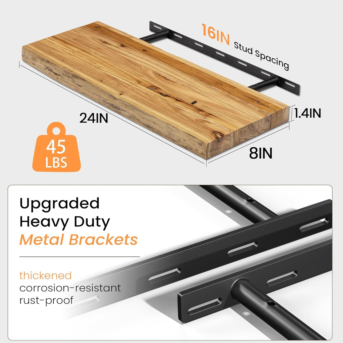 Floating Shelves for Wall, 24" Live Edge Solid Elm Wood Floating Shelf, Wall-Mounted Display