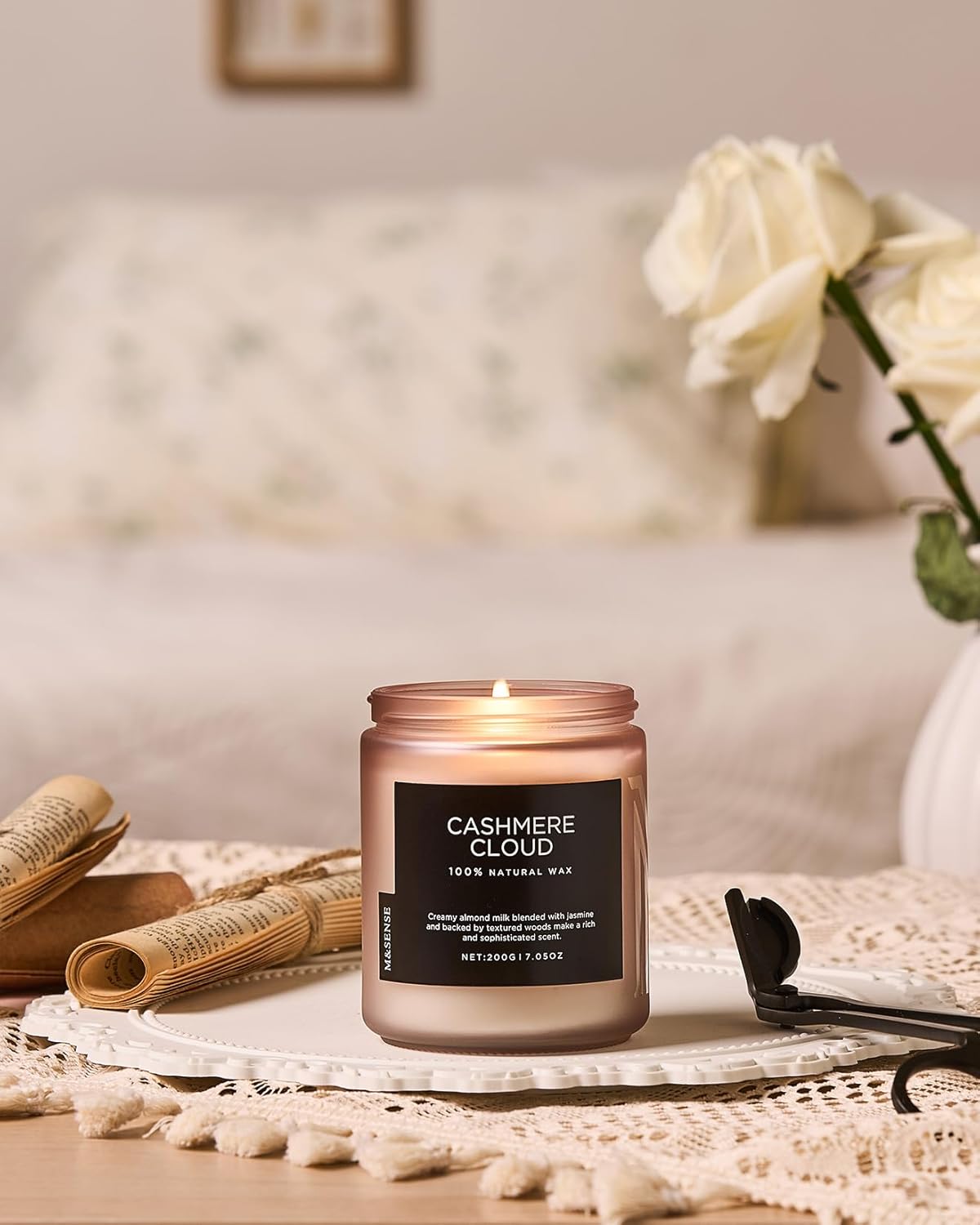 M&SENSE Creamy Almond Milk Scented Candles, Organic Natural Soy Wax Clean Non Toixc 7.05oz 50 Hour