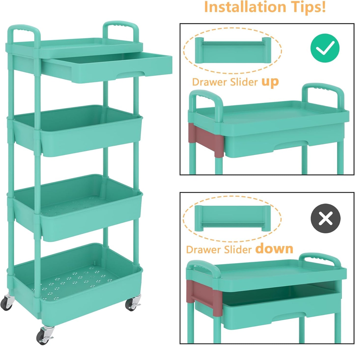 Calmootey 4-Tier Rolling Utility Cart with Drawer,Multifunctional Storage Organizer with Plastic
