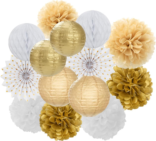White Gold Party Decorations Streamers - 14pcs Christmas Wedding Engagement Paper Lanterns