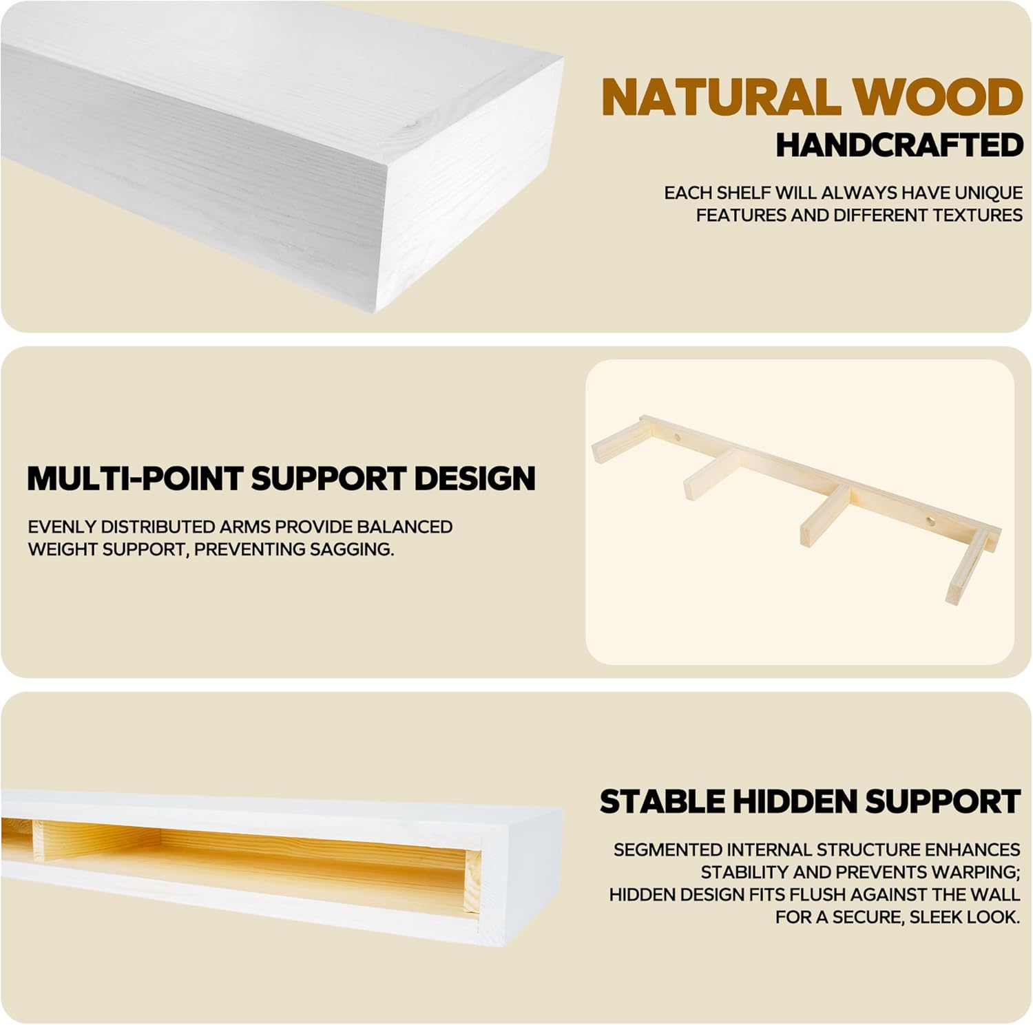 Floating Shelves 3 inch Thick for Wall Set of 2,Solid Pine Wood Wall Mount Shelf for Kitchen Living