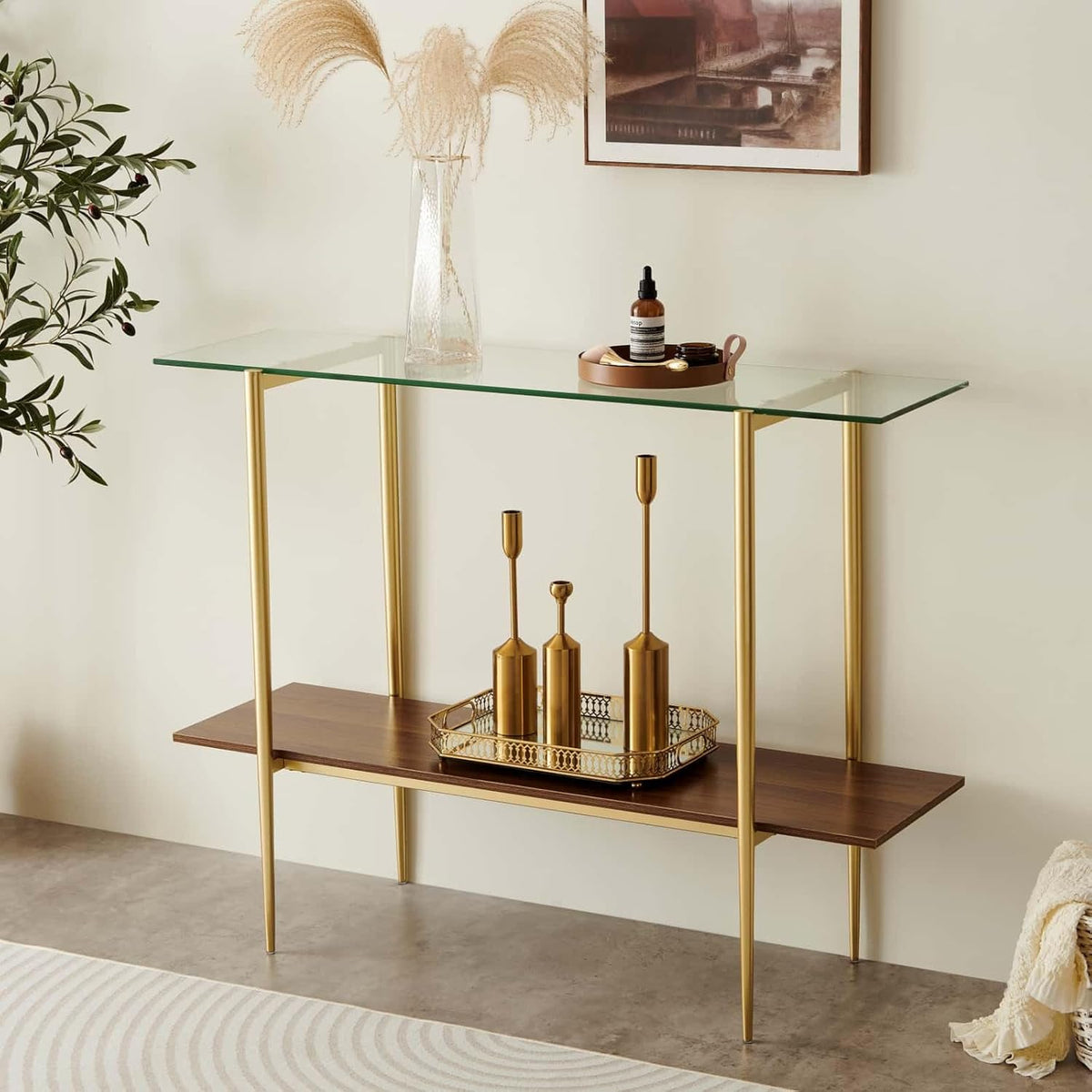 Glass Console Table for Living Room, Foyer & Entrance, 2-Tiers Mid-Century Modern Sofa Table with