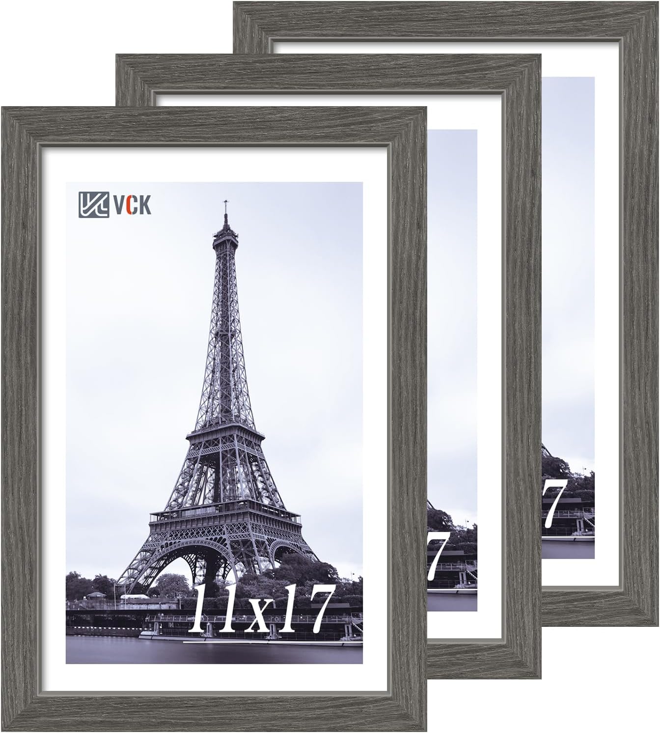 VCK 11x17 Picture Frame 3 Pack, Gray Solid Wood Poster Picture Frame, Exclusive Wood Grain, Wall