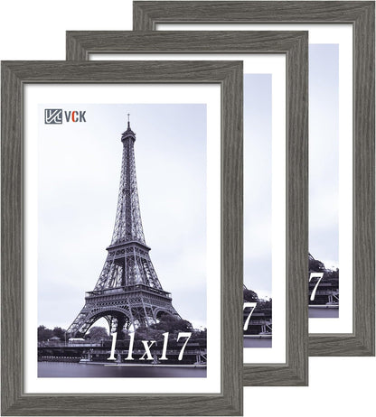 VCK 11x17 Picture Frame 3 Pack, Gray Solid Wood Poster Picture Frame, Exclusive Wood Grain, Wall