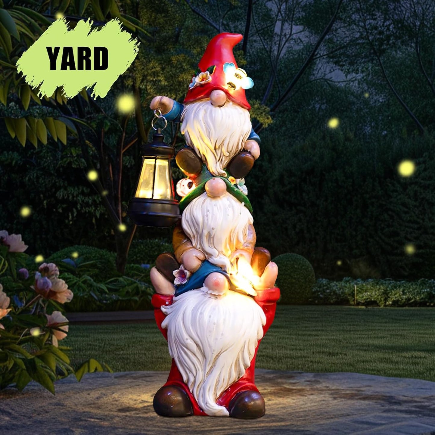 17 in Large Garden Gnome Statue with Solar Lights Sculptures Funny Triple Big Gnome Outdoor Patio