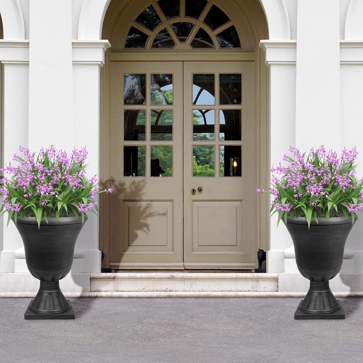 Worth Garden 2-Pack Plastic Urn Planters for Outdoor Plants, 22'' Black Tall Round Classic Resin