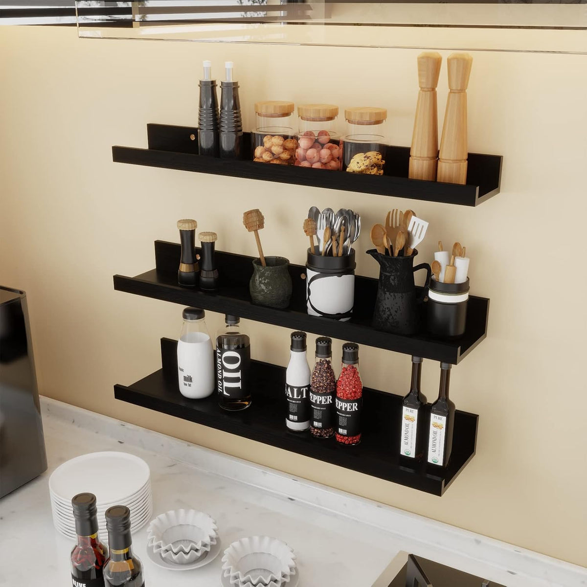 Giftgarden 24 Inch Black Floating Shelves Wall Mounted Woodgrain Picture Ledge Shelf for Storage