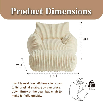 Premium Beige Bean Bag Chair for Adults with Armrest- Ultra Plush Memory Foam Lounge Sofa & Comfy