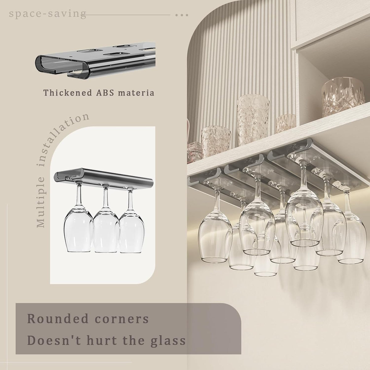 4Pack Wine Glass Rack, Punch-free Stemware Rack for Kitchen and Bar (Grey)