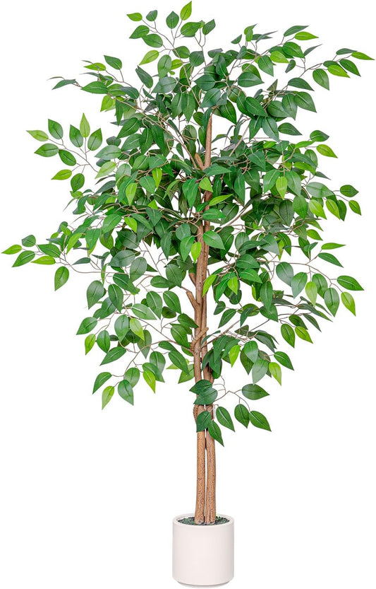 5FT Artificial Ficus Tree with White Planter, Realistic Faux Silk Indoor Outdoor Plant for Home