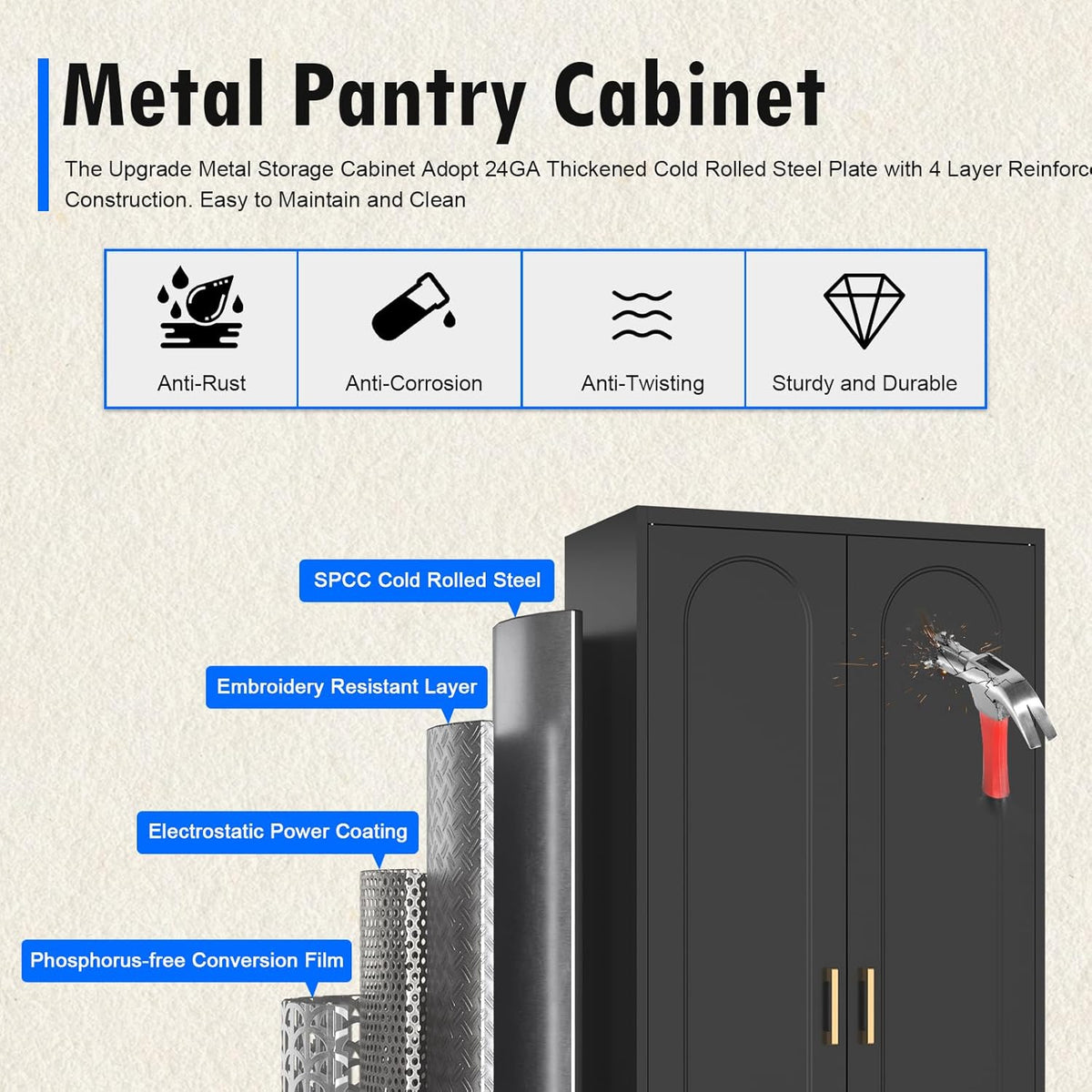 71" Tall Kitchen Pantry Cabinet, Pantry Storage Cabinet with Doors and Shelves, Metal Food Pantry