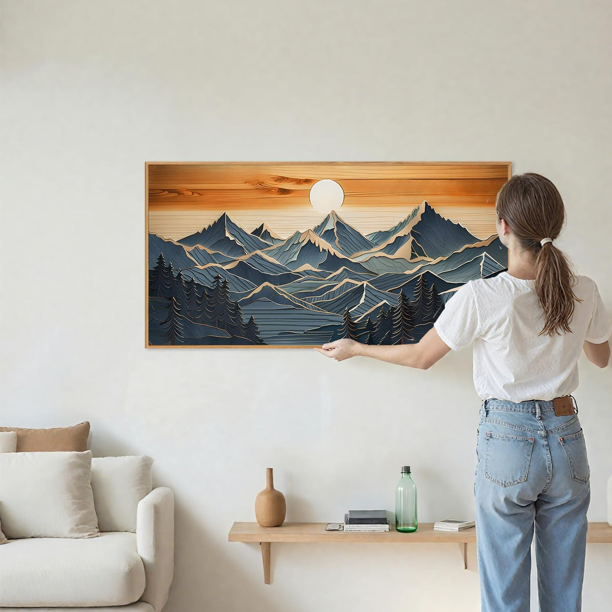 Tinonedraw Metal Mountain Framed Canvas Wall Art, Boho Mountains Forest Artworks, Mid Century