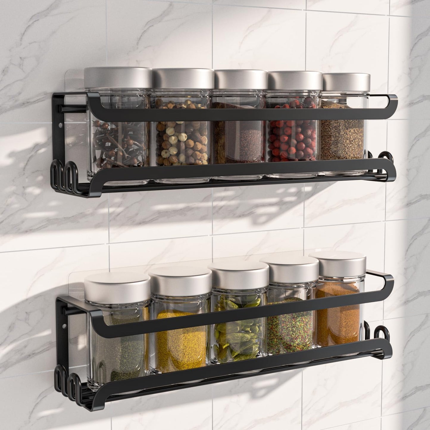 LUCYCAZ 2 Pack Wall Mounted Spice Rack with 16 Hooks, Spice Organizer Shelf for Stove Cabinet