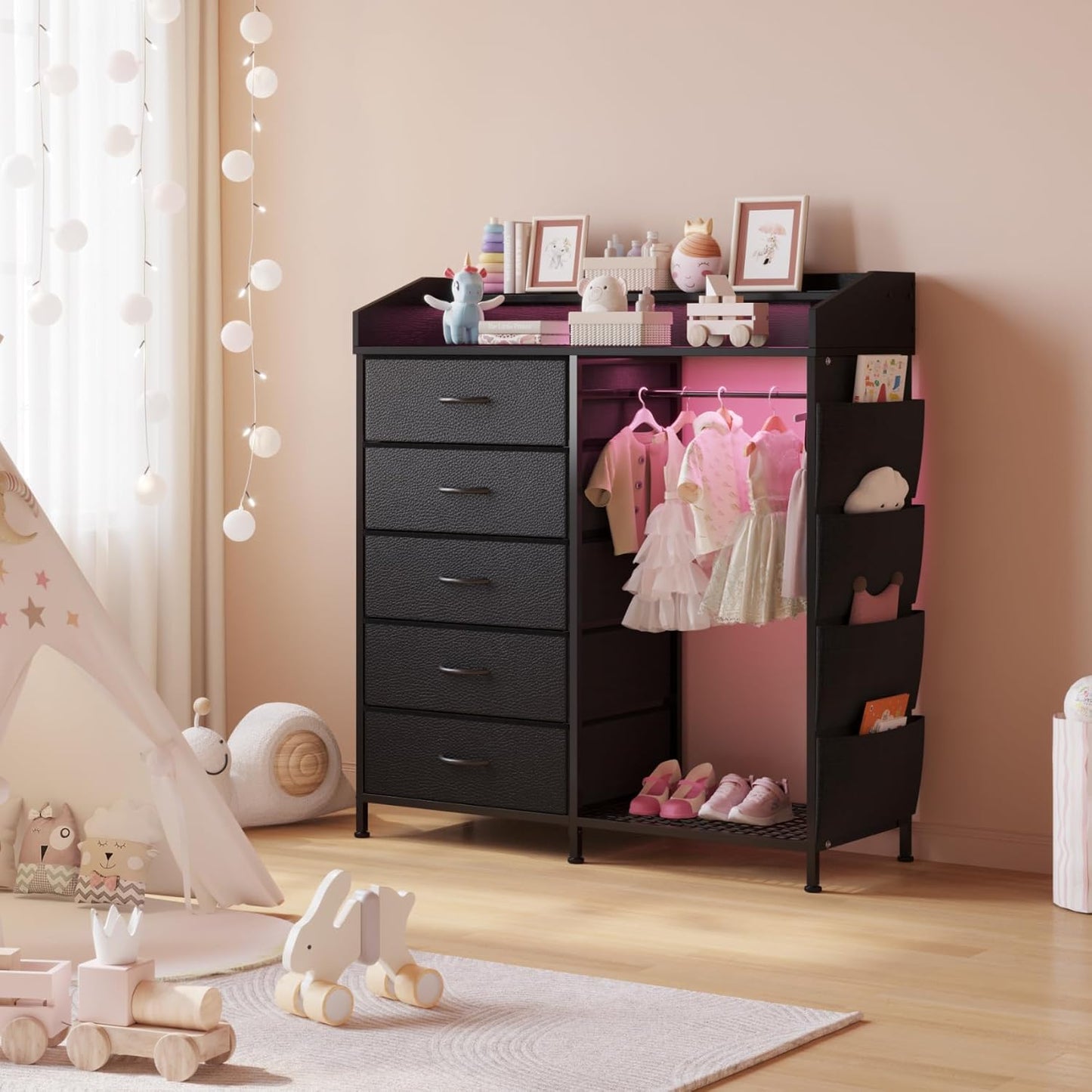 LUMTOK 2-in-1 Dresser with Hanging Racks,5 Fabric Drawers Dressers with LED Lights, Charging