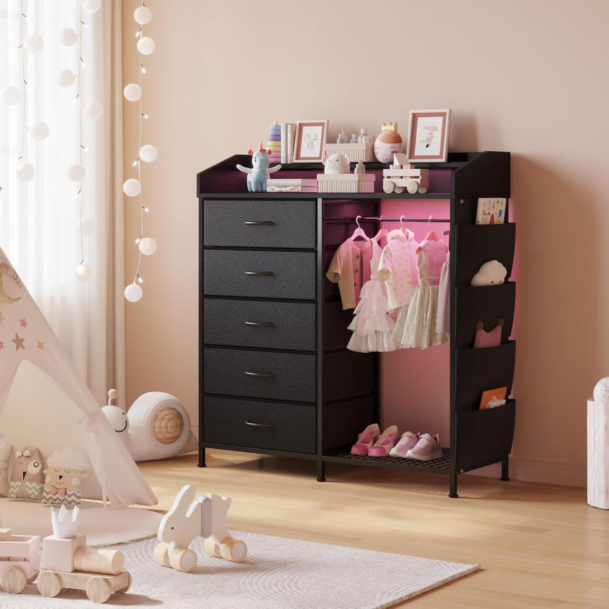 LUMTOK 2-in-1 Dresser with Hanging Racks,5 Fabric Drawers Dressers with LED Lights, Charging