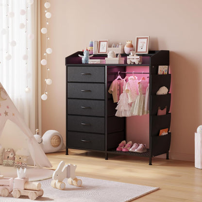 LUMTOK 2-in-1 Dresser with Hanging Racks,5 Fabric Drawers Dressers with LED Lights, Charging