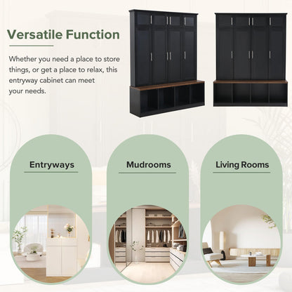 Hall Tree with Bench and Shoe Storage Compartments, Particle Board Multi-Functional Entryway