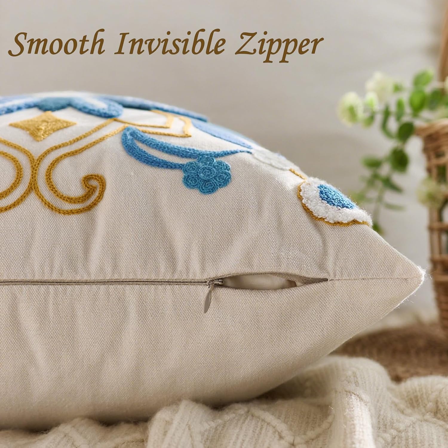 Embroidered Throw Pillow Cover 18x18 Classic Boho Floral Pattern Pillows Cover Outdoor Decorative