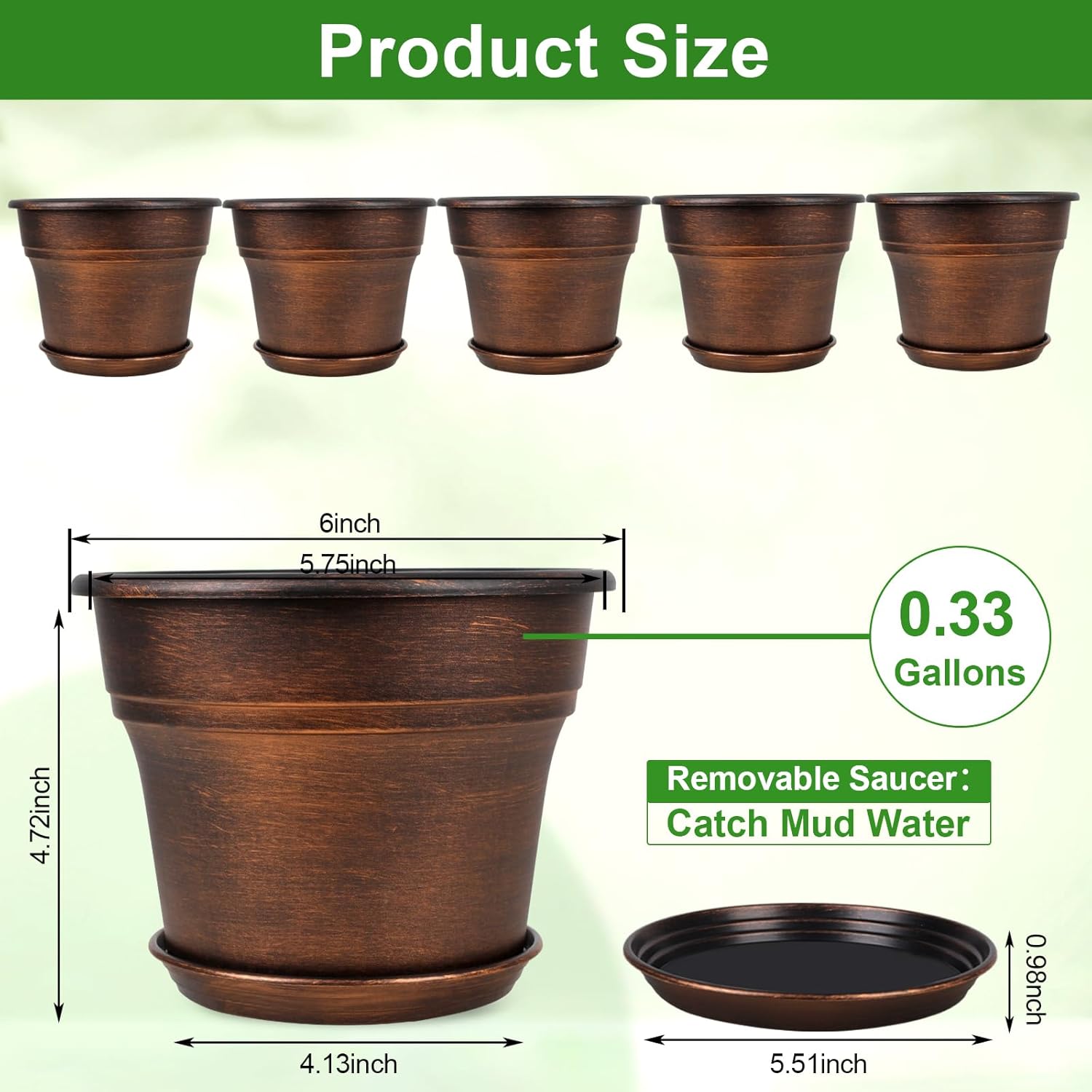 Plant Planters Pots Set of 6 Pack 6 Inch, Plastic Flower Pot for Indoor Plants with Drainage Holes