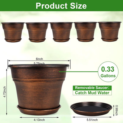Plant Planters Pots Set of 6 Pack 6 Inch, Plastic Flower Pot for Indoor Plants with Drainage Holes