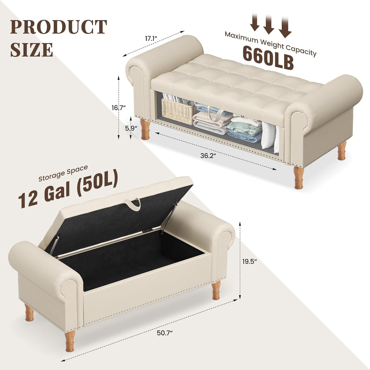 Storage Ottoman Bench for Bedroom, 51" Upholstered Bench with Rolled Arms and Vintage Rivets for