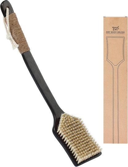 Back Scrubber Shower Brush,Dry Brushing Body Brush with 17.7 Inch Curved Long Handle, Natural