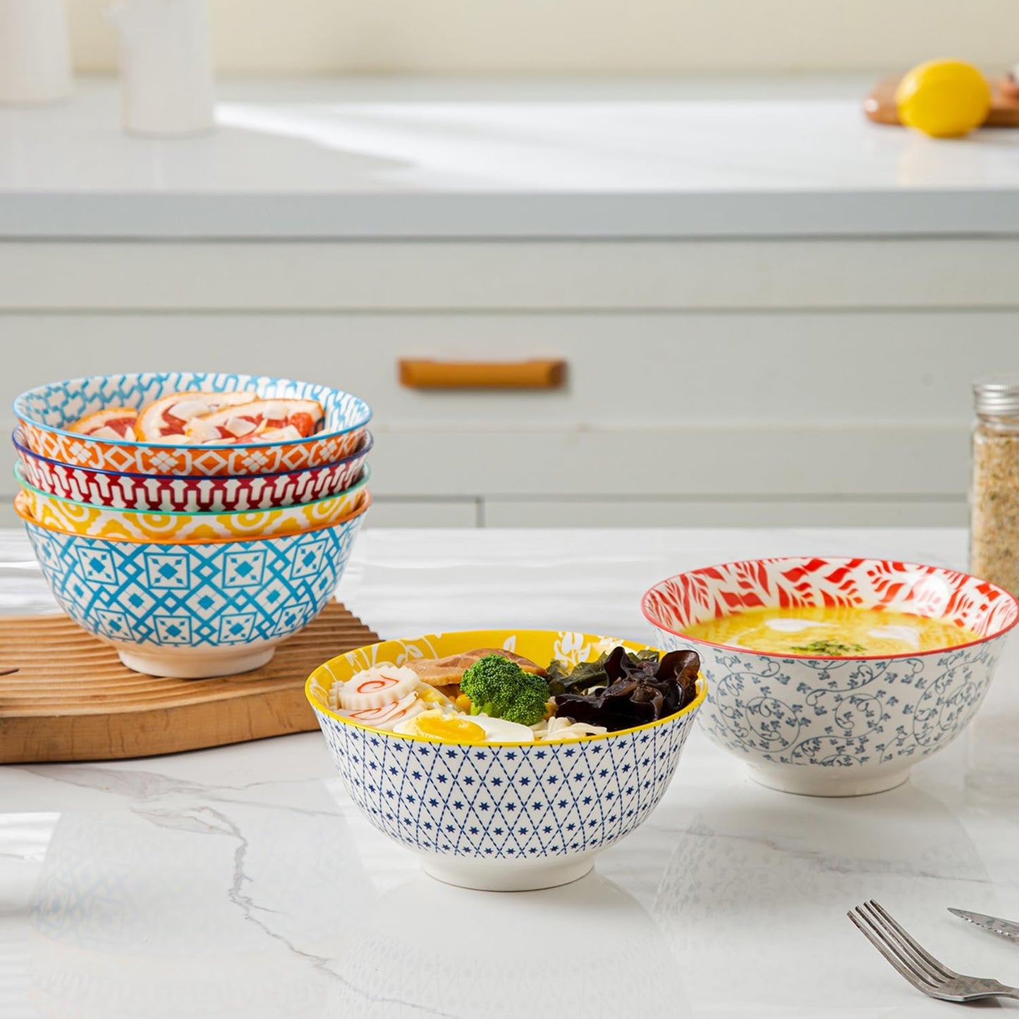 Ceramic Soup Bowls Set - 24 Oz Deep Cereal Bowl - 6 Inch Large Kitchen Dinner Bowl Eating Pasta