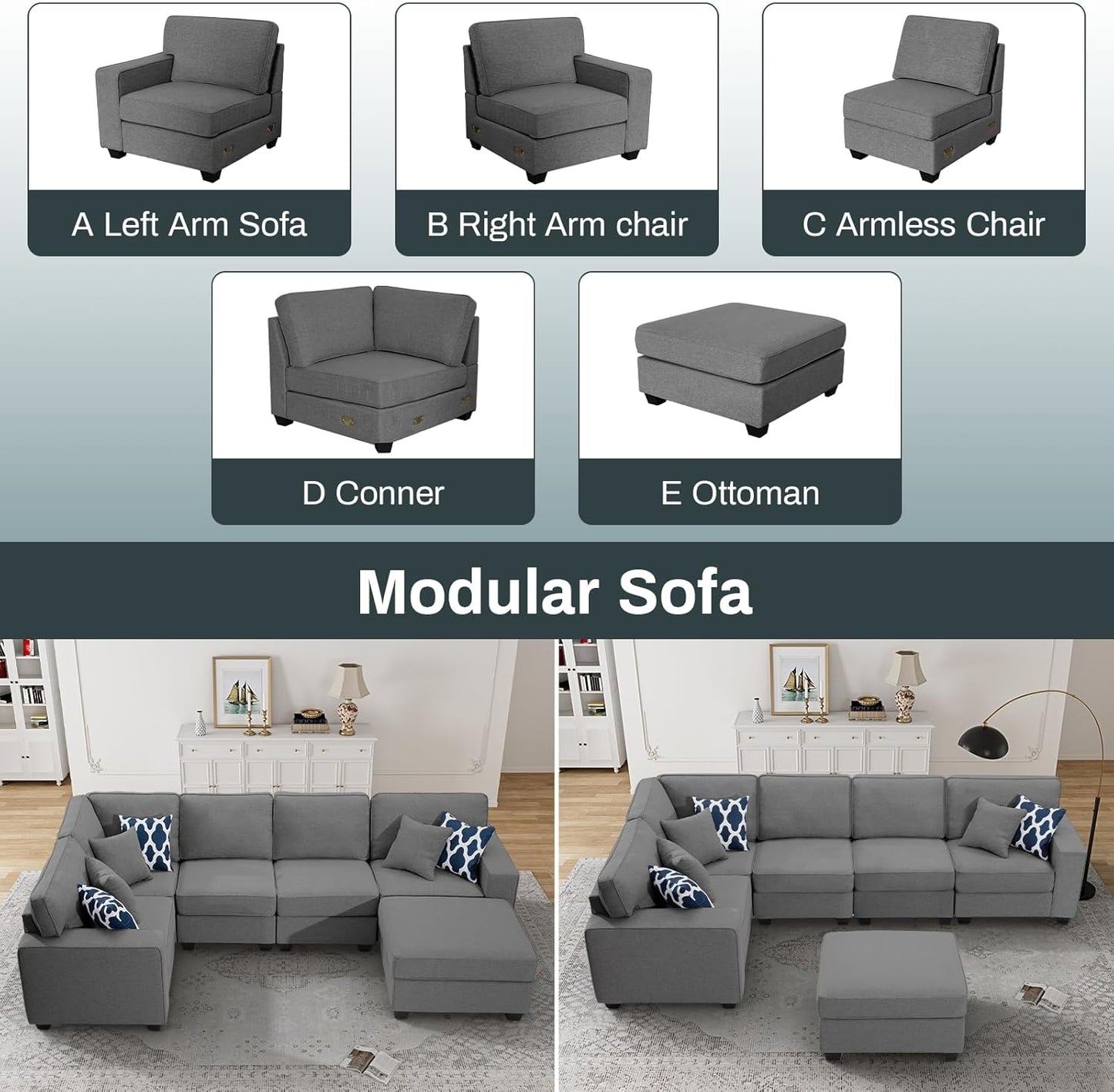 L Lengend Vansen Modular Sectional Sofa U Shaped Couch with Ottoman Modern Reversible Corner
