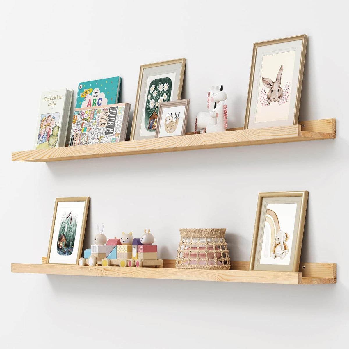 Picture Ledge Shelf, Floating Shelves Set of 2, Solid Pine Wood 55'' Long Large Nursery Book
