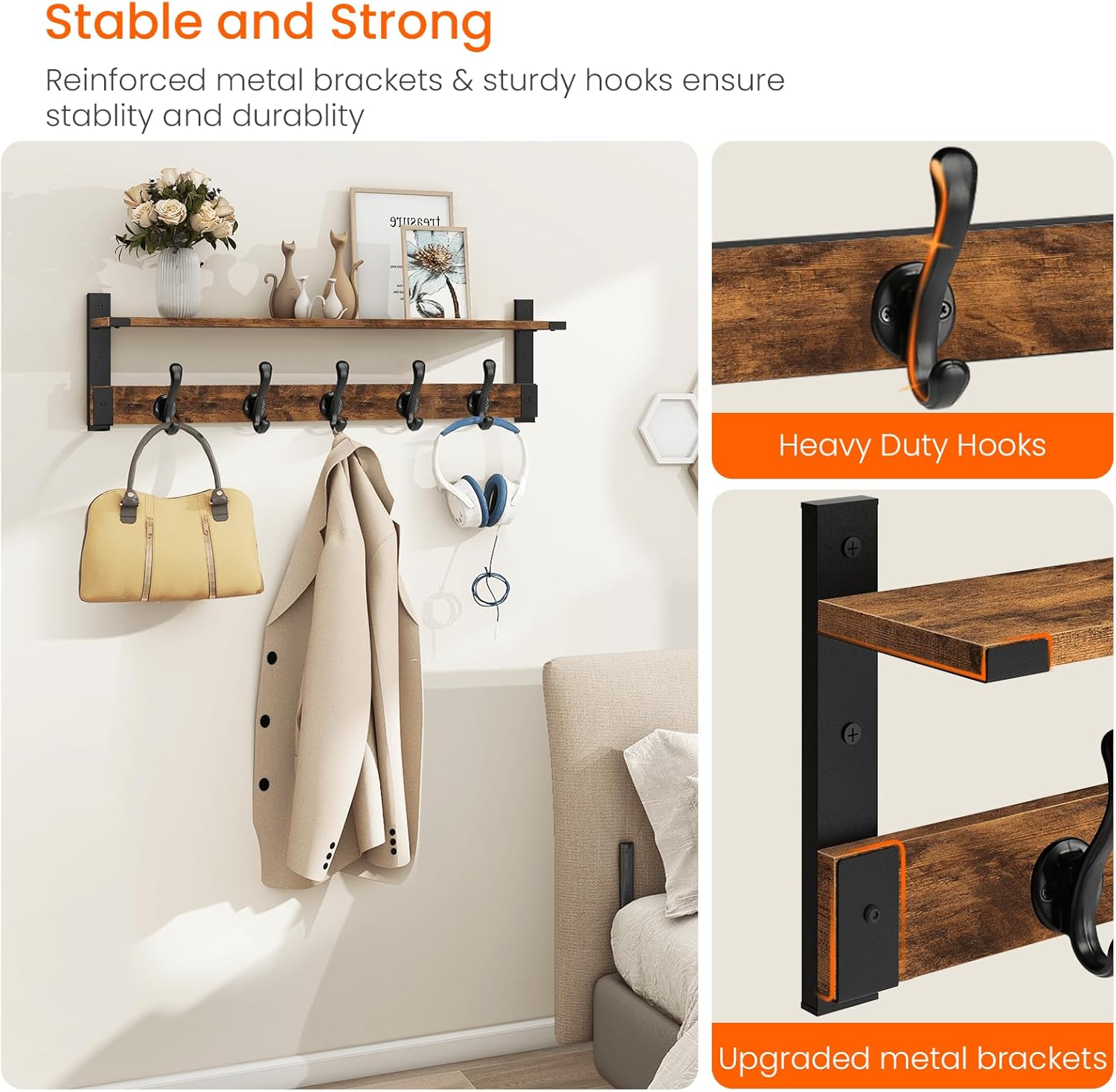 Homode Coat Rack Wall Mount, 29 Inch Long Shelf with Hooks, Wood Entryway Shelf with 5 Hangers for