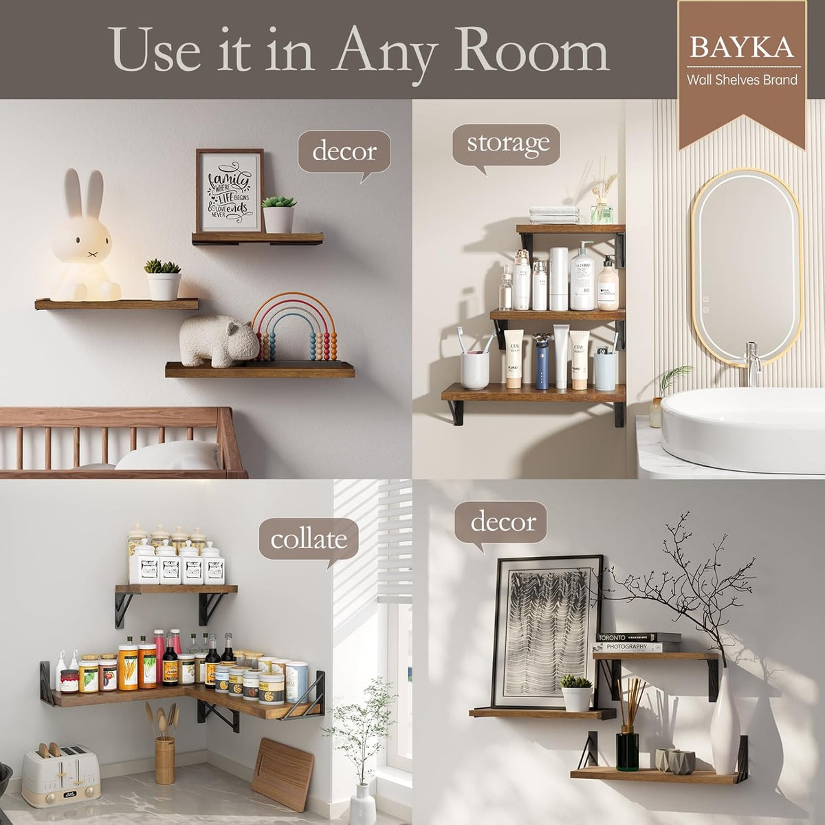 BAYKA Floating Shelves for Wall, Book Shelf for Bedroom, Wall Decor Shelves for Living Room