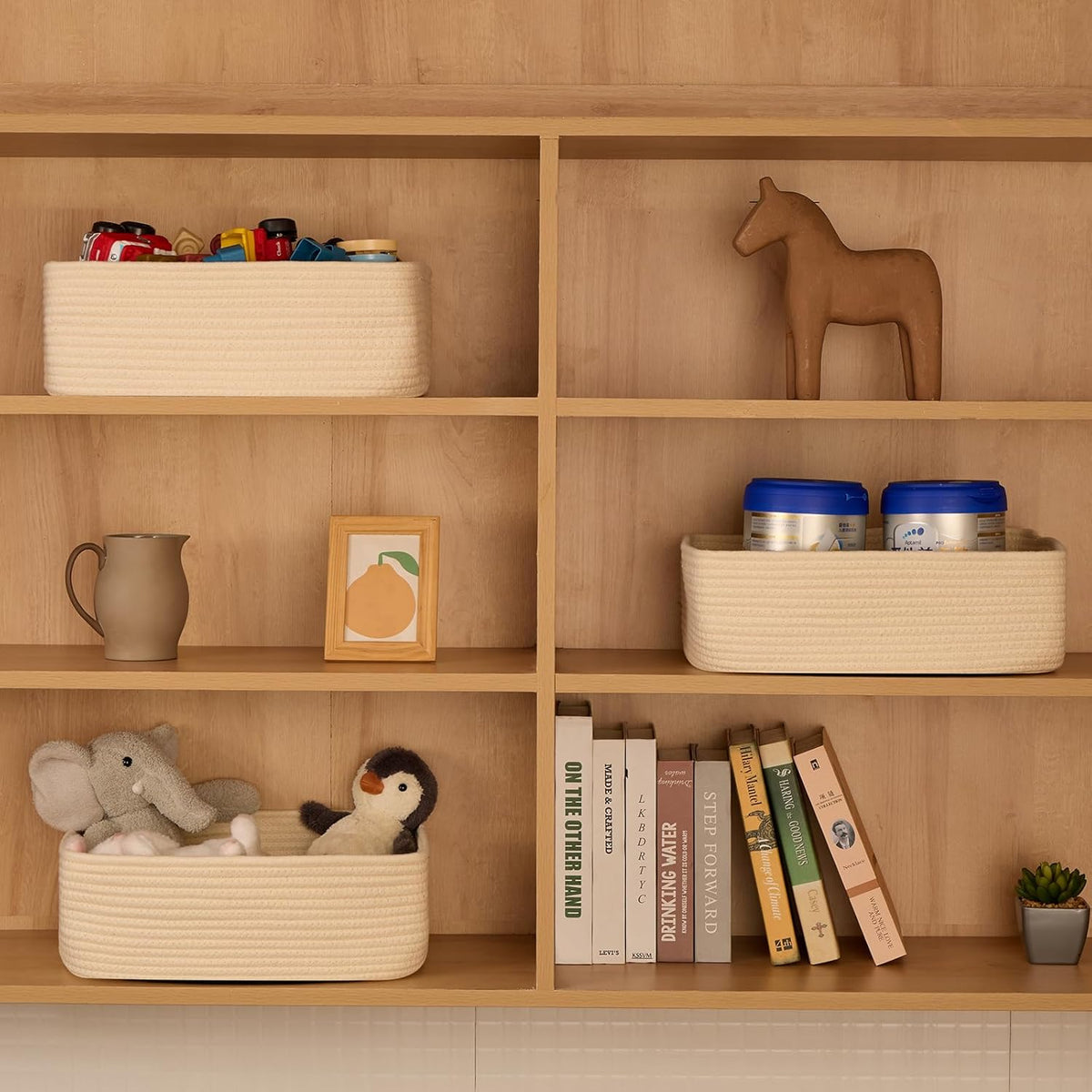 Large Shallow Organizing Baskets 15x11x5.1 Inches - Rope Woven Storage Bins for Bathroom, Shelves