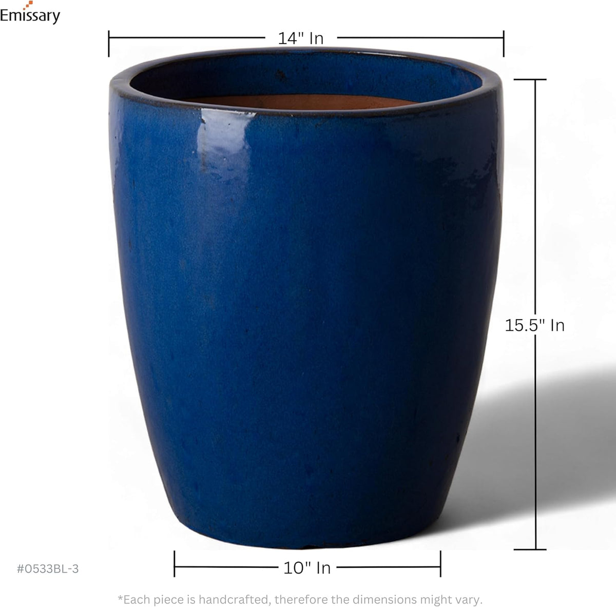 Emissary Bullet 14 in. Blue Ceramic Round Planter (14 in. L x 14 in. W x 15.5 in. H) with Drainage