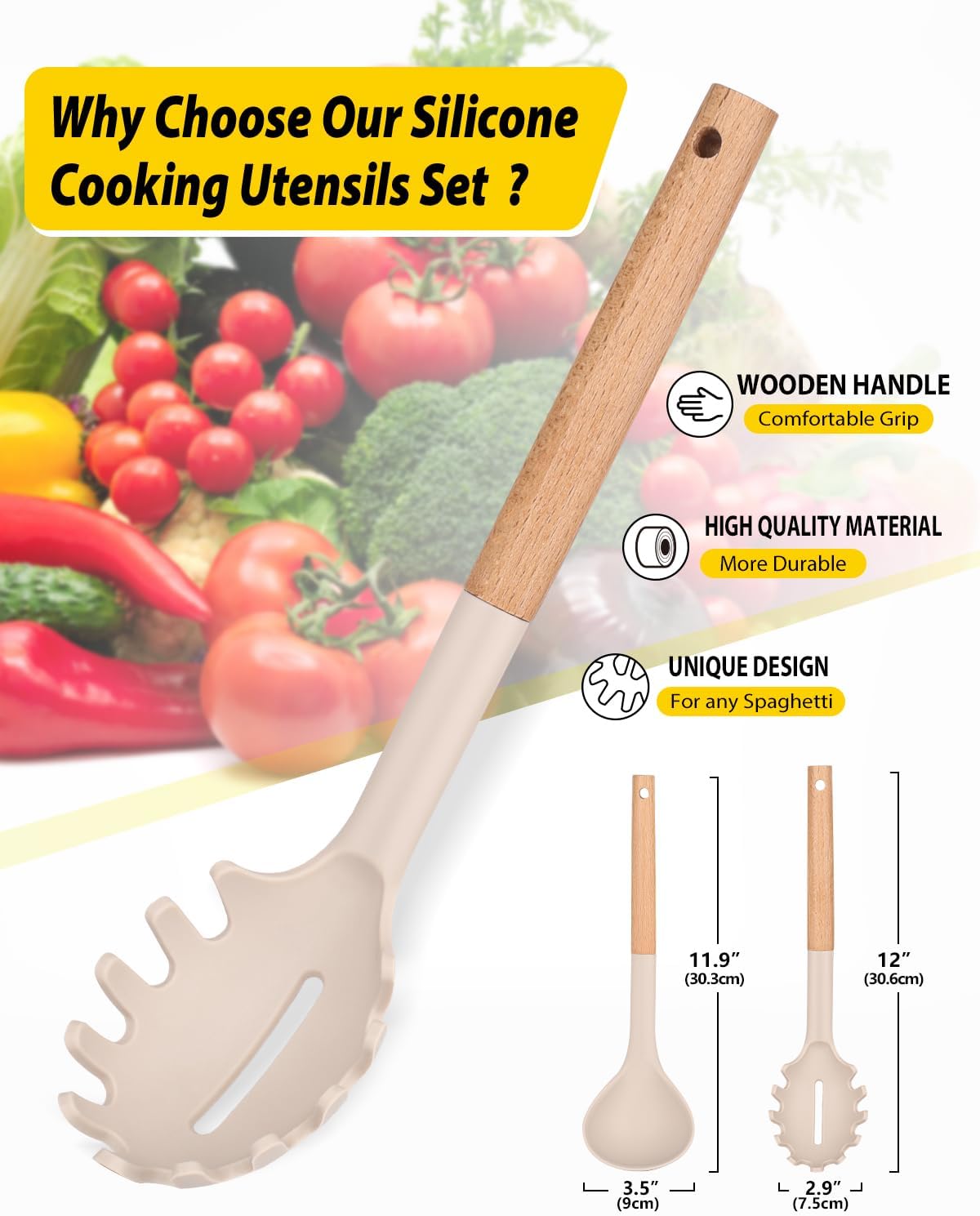Silicone Pasta Fork and Ladle Spoon Set with Wooden Handle, Heat Resistant Non Stick Kitchen
