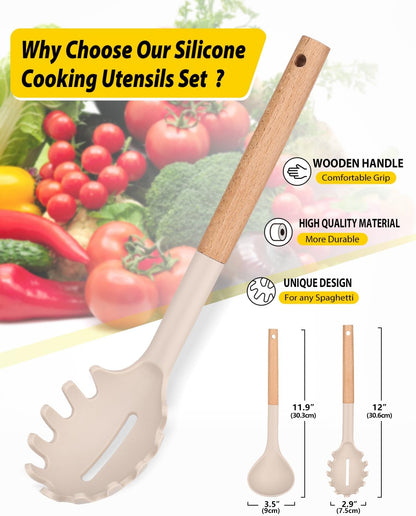 Silicone Pasta Fork and Ladle Spoon Set with Wooden Handle, Heat Resistant Non Stick Kitchen