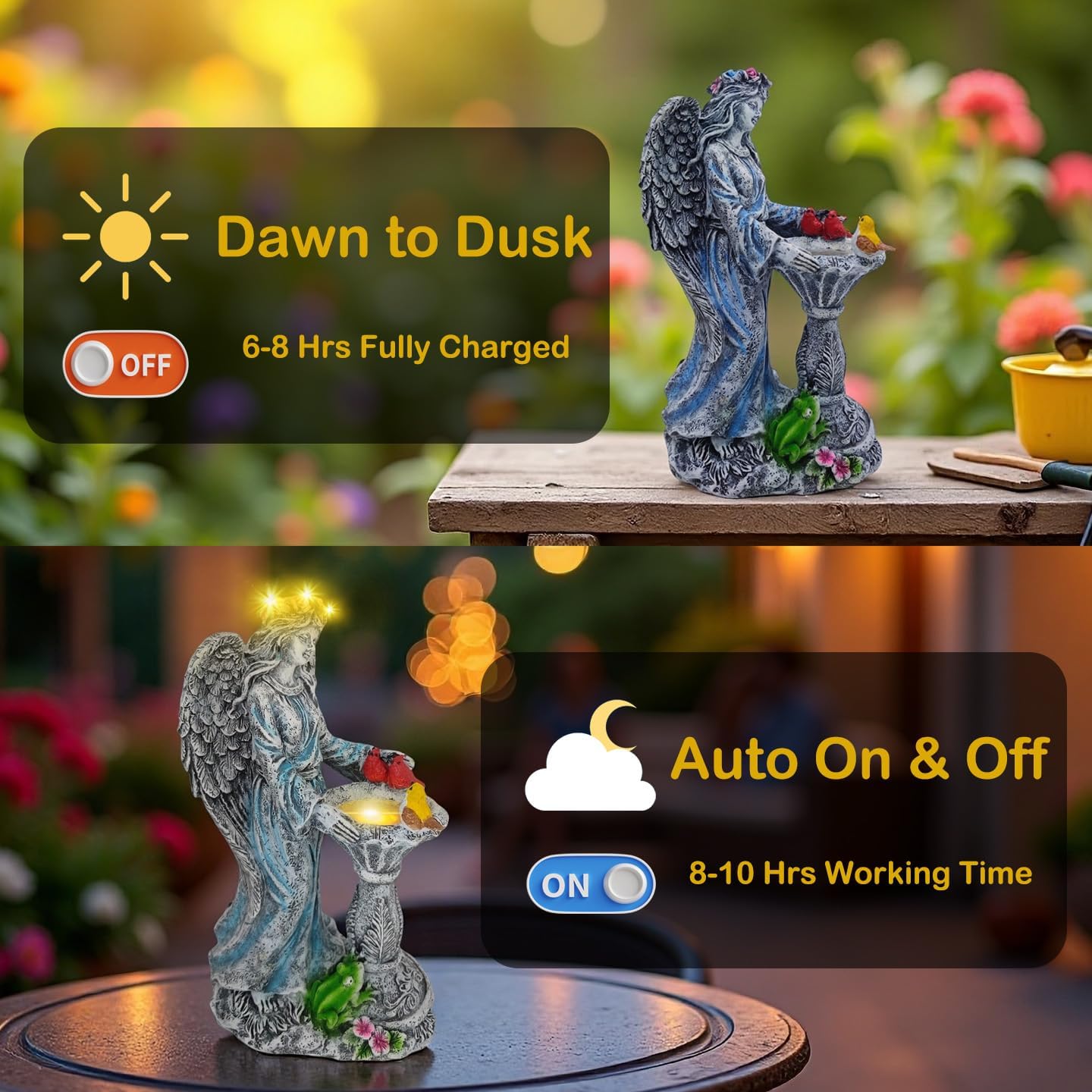 Mrocioa Solar Outdoor Garden Decor Angel Statue Light with Color Changing Birdbath, Waterproof Led