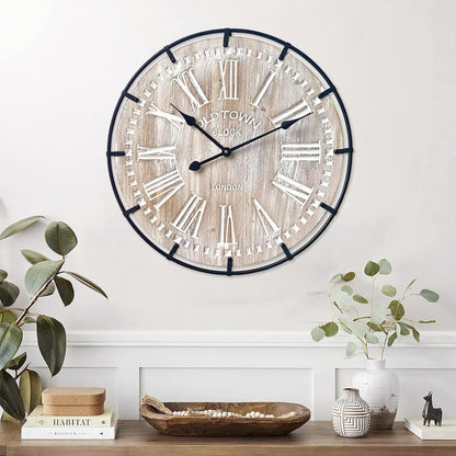 24 Inch Large Farmhouse Wall Clock, Rustic Antique Wood with Metal Circle and Large Engraved