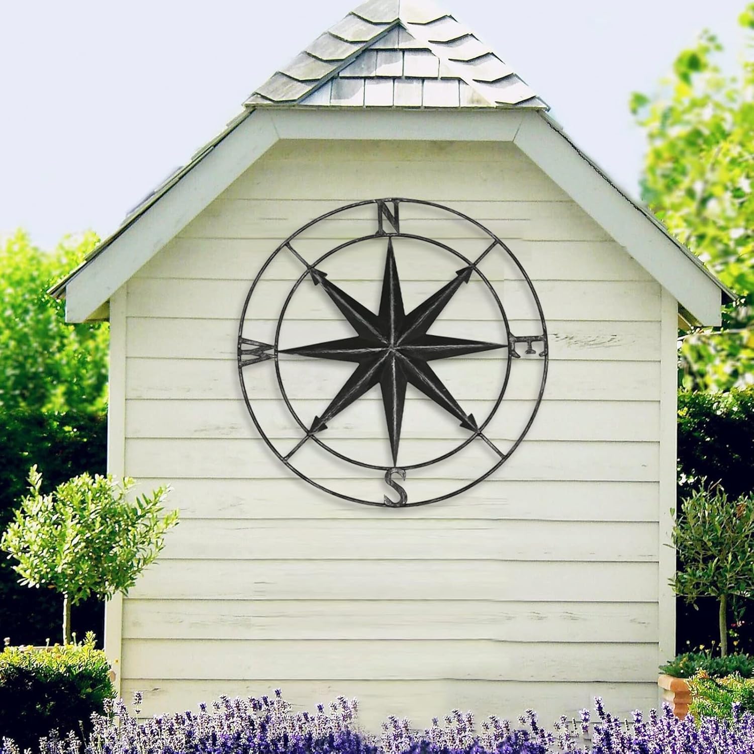 aboxoo Round Metal Compass Decorative Compass Metal Wall Art Hanging Wall Sculpture 22.8 Inch Black