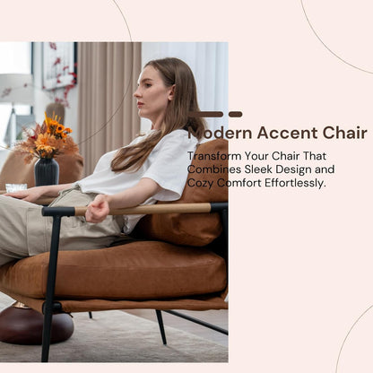 Mid-Century Accent Chair, Soft Armchair PU Leather Lounge Chair with Black Metal Legs, Upholstered