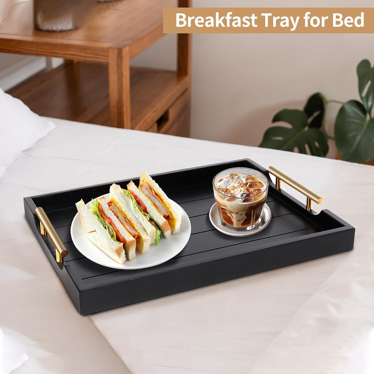 Coffee Table Trays - Large Ottoman Tray for Living Room - Wood Serving Trays with Handles(2 Sets)