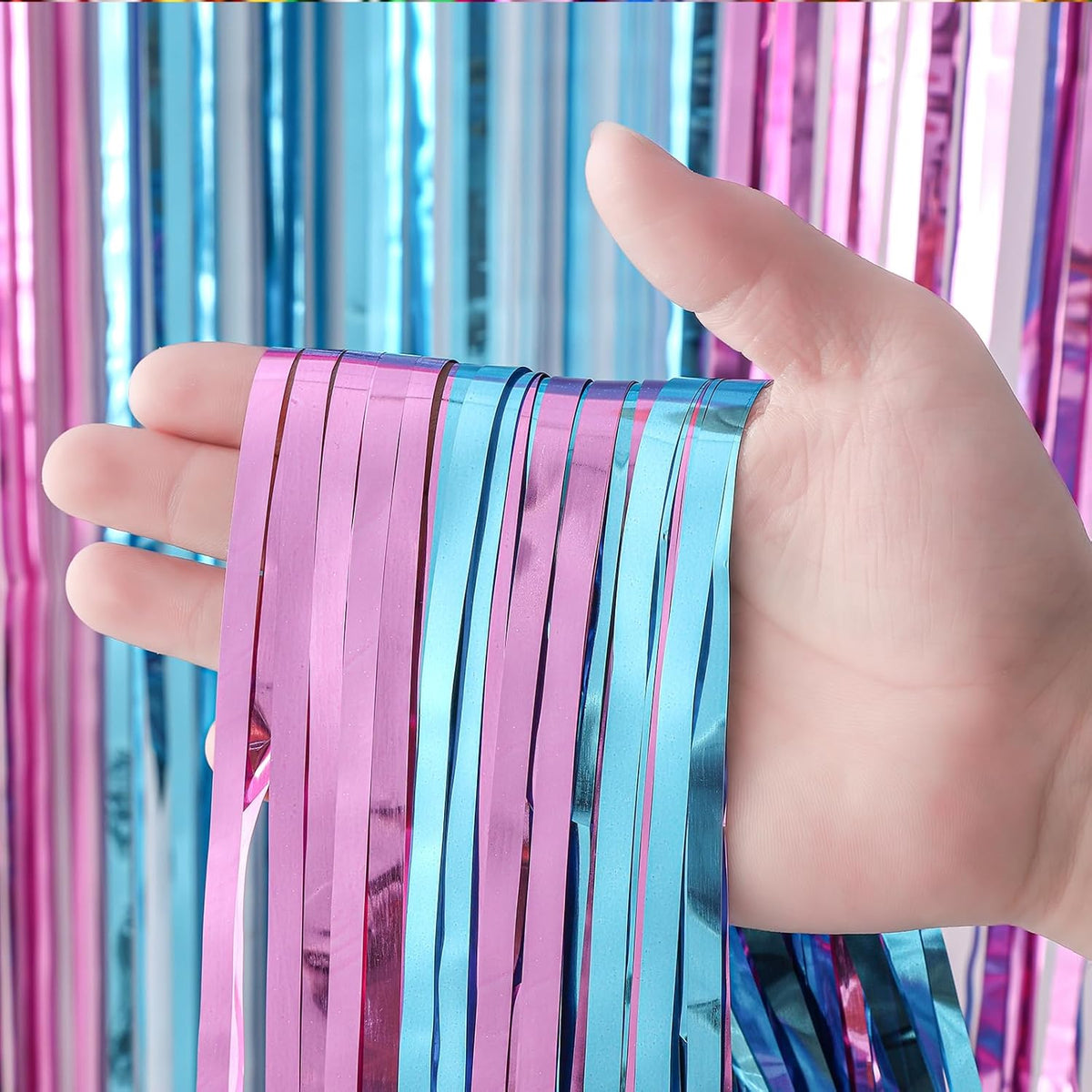 3 Pack 3.3x8.2 Feet Blue and Pink Foil Fringe Backdrop Curtains, Tinsel Streamers Birthday Party