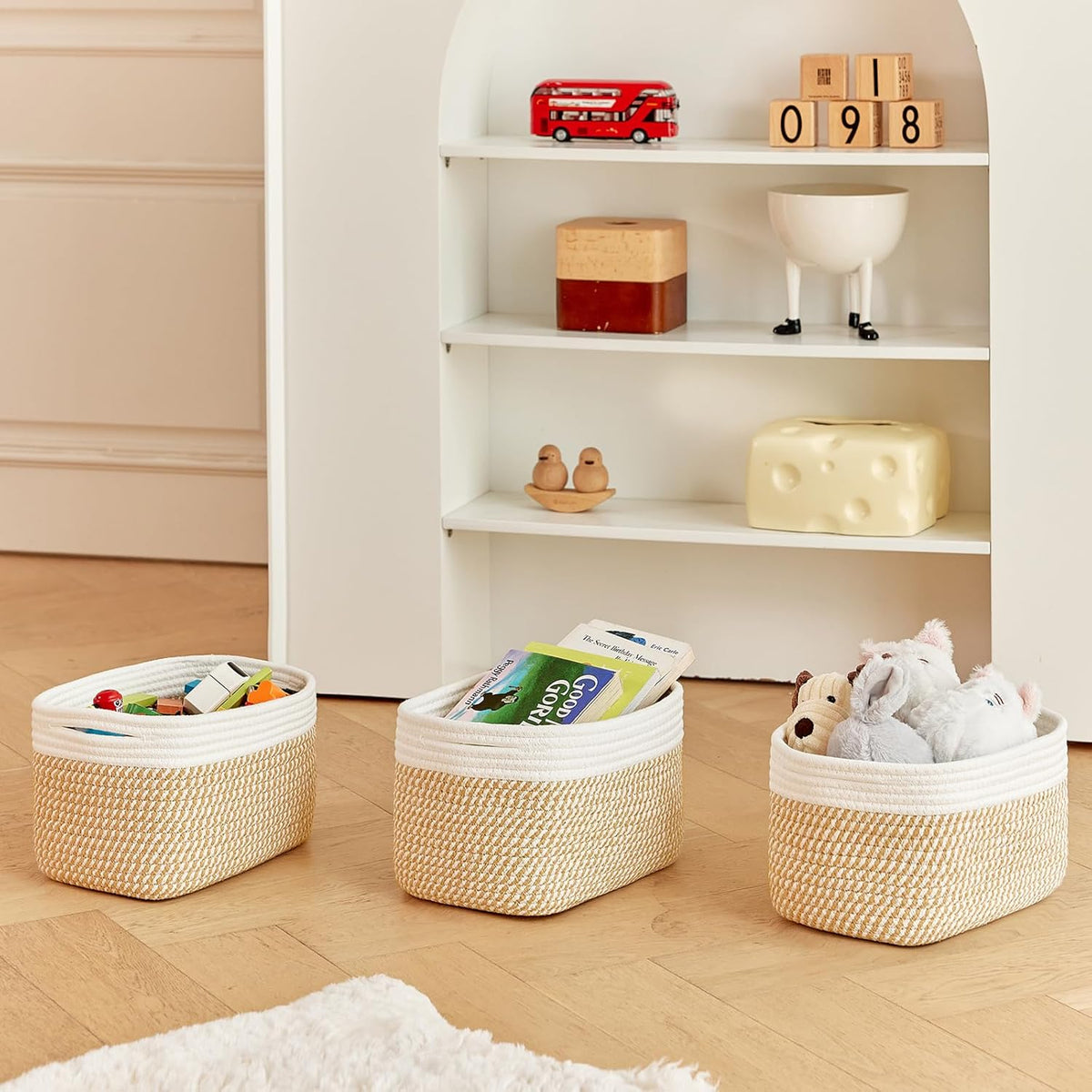 Small Cotton Rope Storage Basket Set of 3-11"x7"x7" Perfect Woven Baskets for Storage, Ideal
