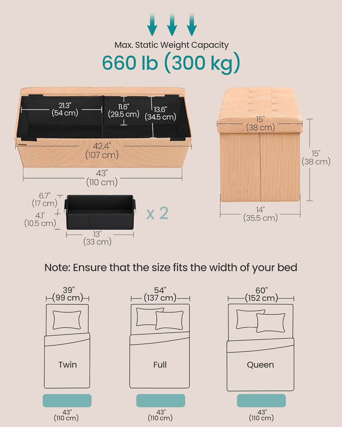 SONGMICS MAZIE Collection - Storage Ottoman Bench, Foldable Foot Rest, 15 x 43 x 15 Inches, End of