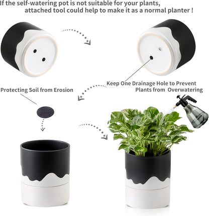 Nihow Self Watering Plant Pot: 6 Inch Ceramic Planter with Drainage Hole & Water Storage Plus for