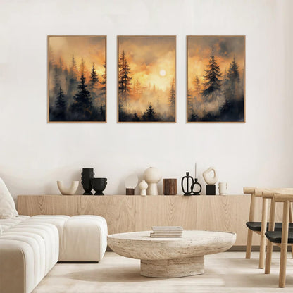 HLNIUC Golden Sunshine Forest Framed Canvas Wall Art,Foggy Forest Pine Tree Wall Decor,Large Sunset
