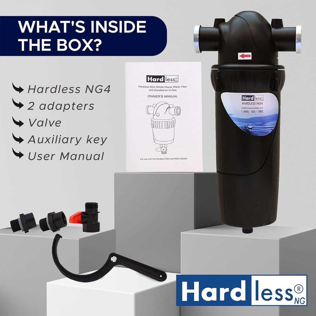 Hardless NG4L Whole House Water Filter - Salt-Free Softening Device - Reduces Limescale, Sediment &