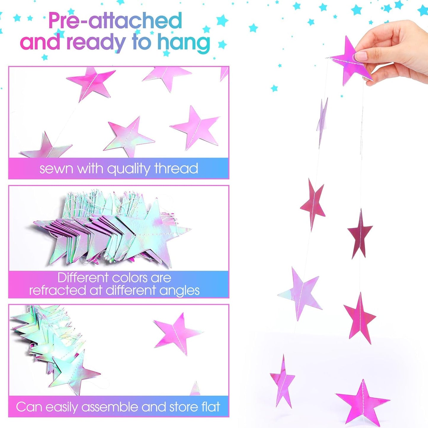 Patelai Glitter Star Garland Banner Decor 130 Feet Star Hanging Bunting Banner Twinkle Backdrop for