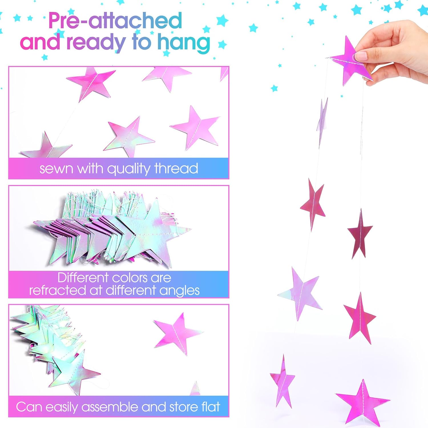 Patelai Glitter Star Garland Banner Decor 130 Feet Star Hanging Bunting Banner Twinkle Backdrop for